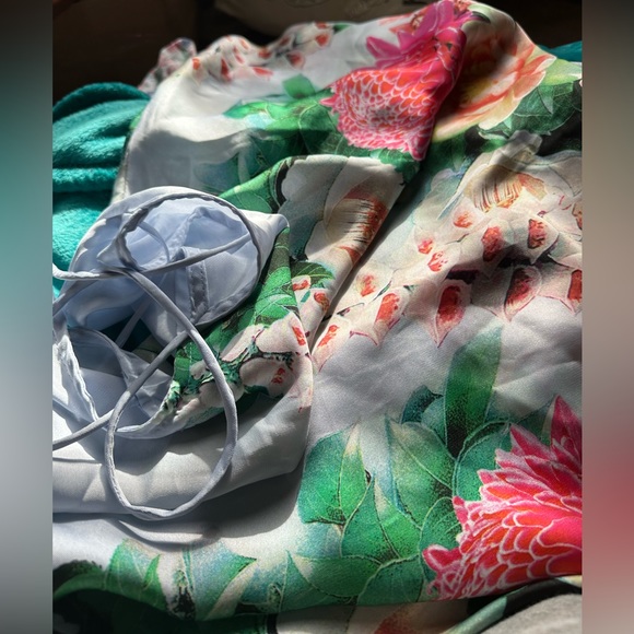 Baby Blue Tropical Print Satin Cami Dress - Picture 6 of 8